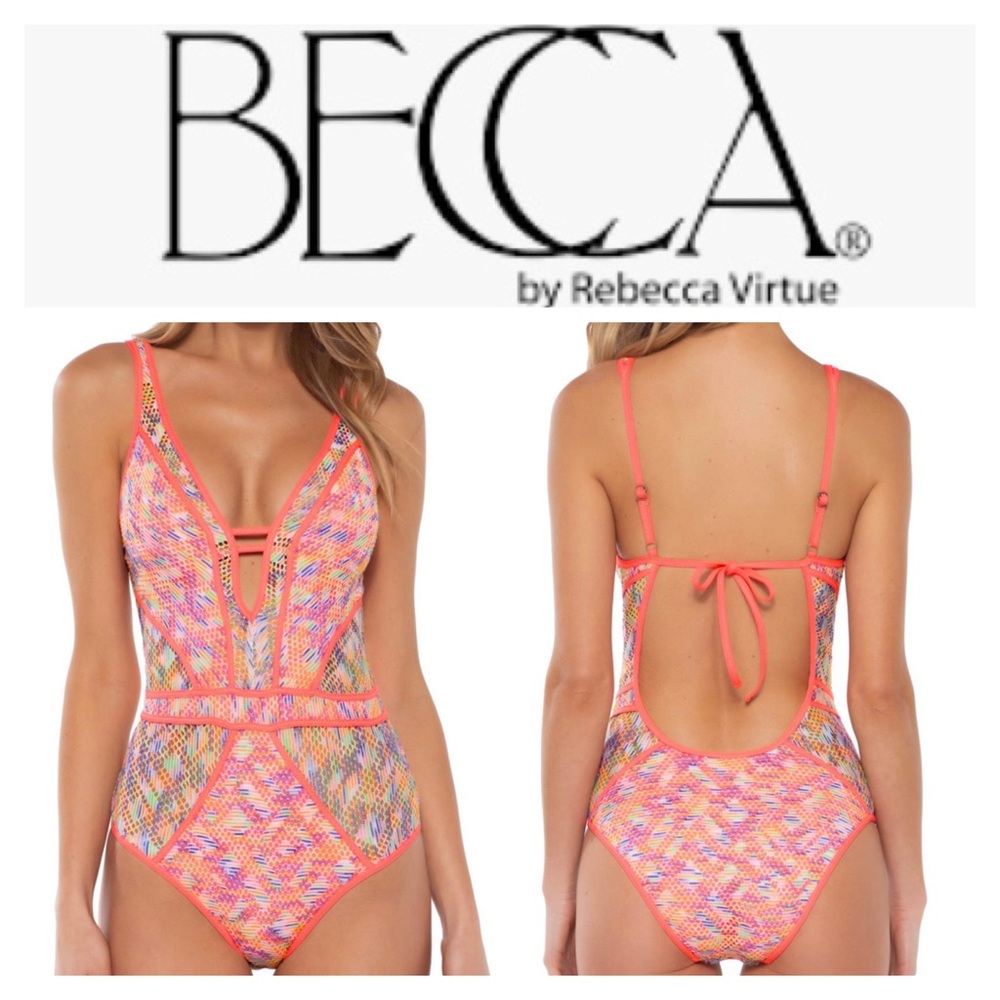 NWOT BECCA Show & Tell Crochet Plunge One-Piece Swimsuit
